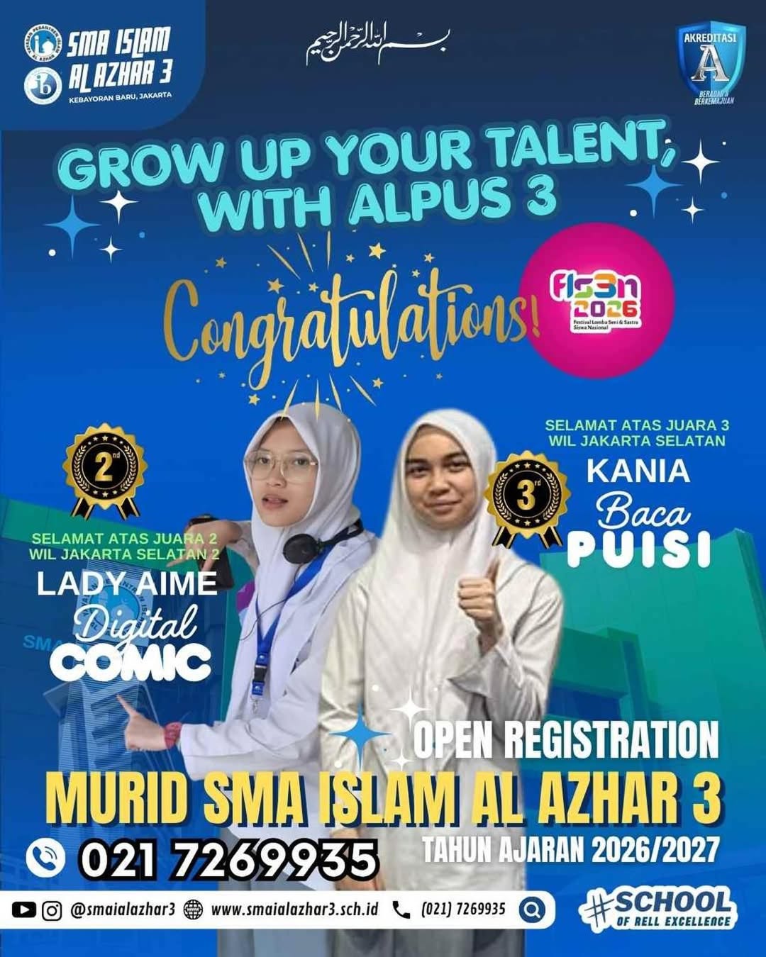 Lady Aime and Kania proudly represent SMA Islam Al Azhar 3 Jakarta and achieve outstanding results at the FLS3N 2026 South Jakarta Regional Competition. 