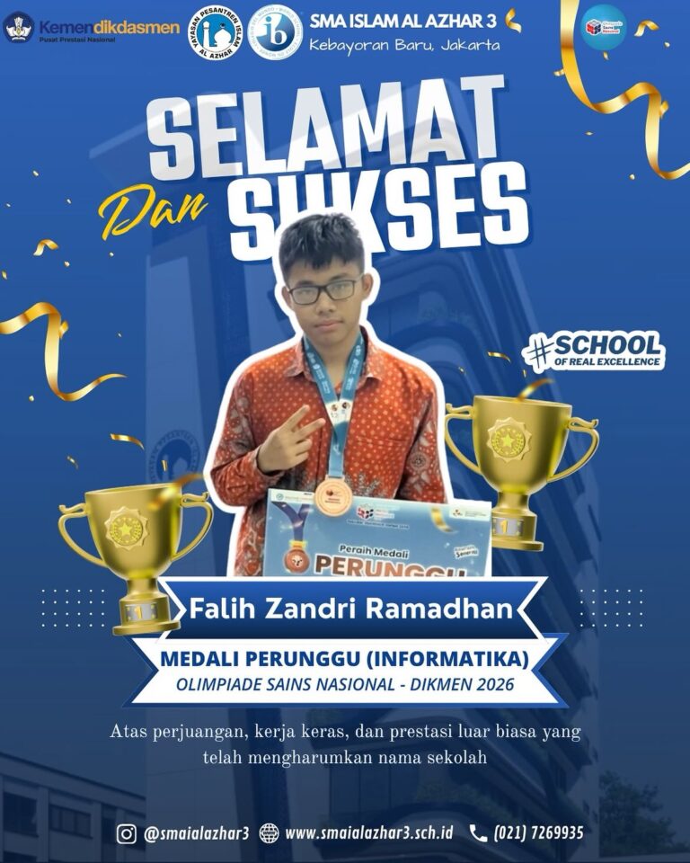 Falih Zandri Ramadhan of SMA Islam Al Azhar 3 Jakarta wins a Bronze Medal in Informatics at the 2026 National Science Olympiad.