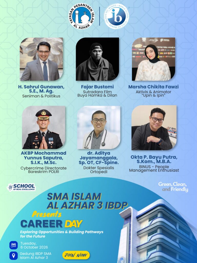 Career Day IBDP SMA Islam Al Azhar 3 Jakarta menghadirkan profesional dari berbagai bidang untuk memberikan wawasan karier kepada murid.