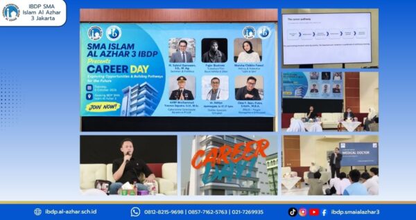 Career Day IBDP SMA Islam Al Azhar 3 Jakarta menghadirkan profesional dari berbagai bidang untuk memberikan wawasan karier kepada murid.